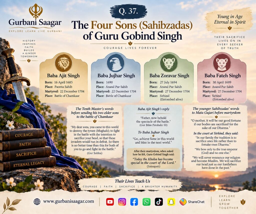 Q. 37. State the names and dates of birth of the four sons (Sahibzadas) of Guru Gobind Singh. What were the words of the tenth Master before sending his two elder sons for martyrdom in the battle of Chamkaur? What did the two younger sons say to holy mother Gujari (their grand mother) before leaving for their martyrdom? img 20260911 wa0024