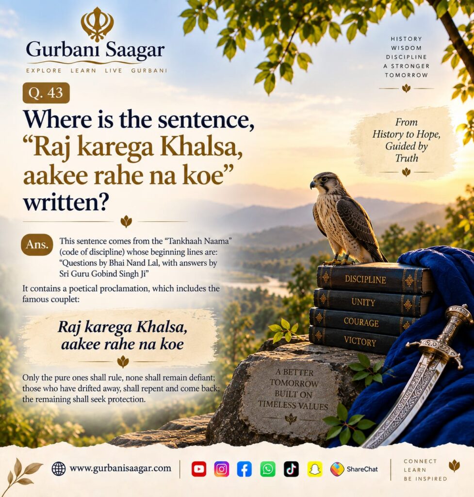 Q. 43. Where is the sentence, "Raj karega Khalsa, aakee rahe na koe" written? img 20260911 wa0034