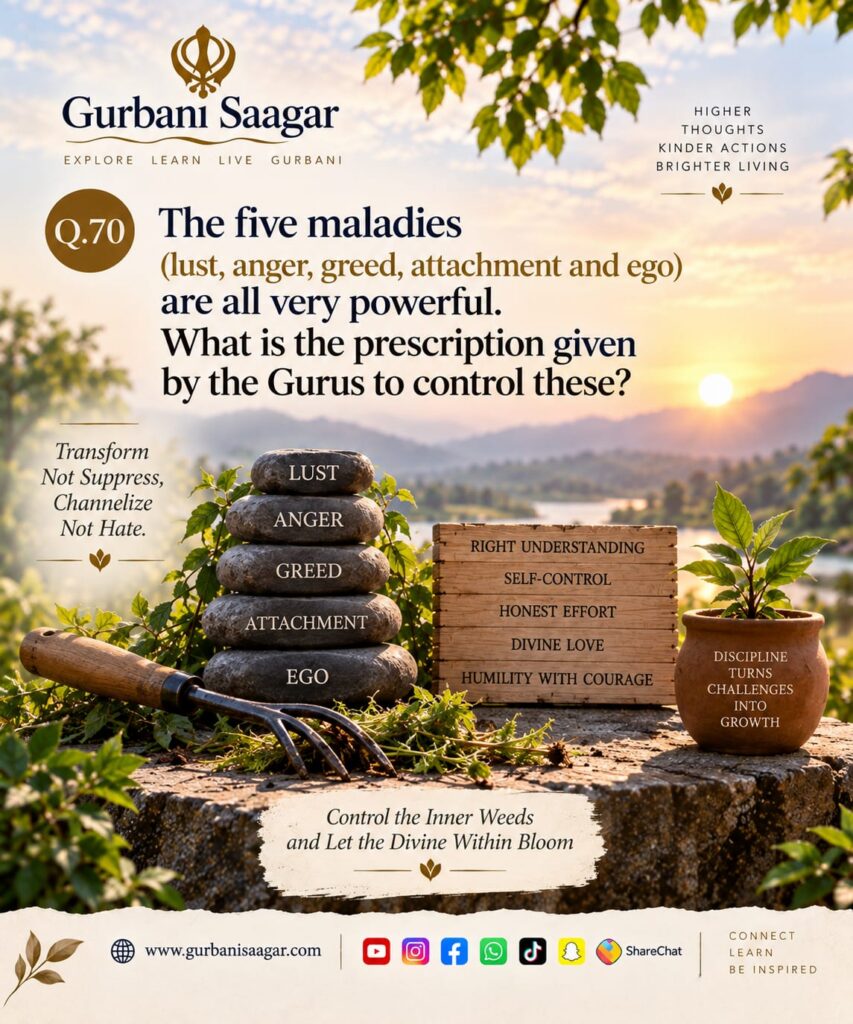 Q. 70. The five maladies (lust, anger, greed, attachment and ego) are all very powerful. What is the prescription given by the Gurus to control these? img 20260913 wa0000