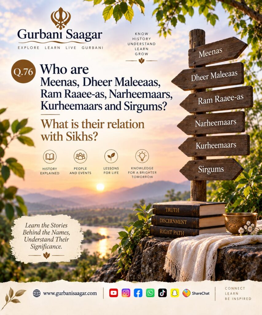 Q. 76. Who are Meenas, Dheer Maleeaas, Ram Raaee-as, Narheemaars, Kurheemaars and Sirgums? What is their relation with Sikhs? img 20260913 wa0006