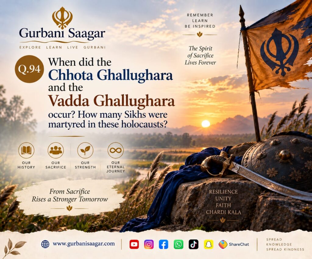Q. 94. When did the "Chhota Ghallughara" (the minor holocaust) and the "Vadda Ghallughara" (the major holocaust) occur? How many Sikhs were martyred in these holocausts? img 20260913 wa0024